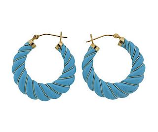 14K Gold Blue Stone Hoop Earrings