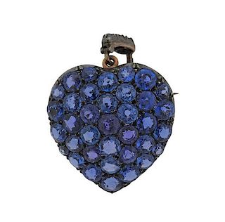 14K Gold Blue Stone Heart Brooch Pendant