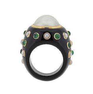 14K Gold Black Green Stone Pearl Ring