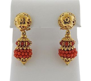 18K Gold Coral Dangle Earrings