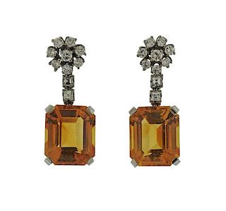J E Caldwell Platinum Orange Stone Diamond Earrings