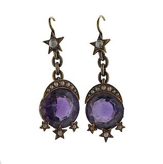 Antique 14k Gold Pearl Purple Stone Earrings
