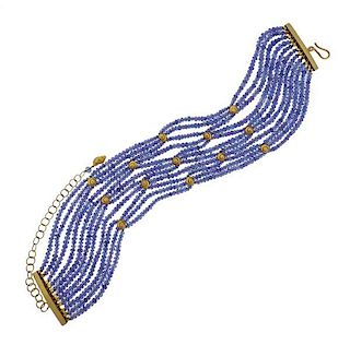 18k Gold Blue Gemstone Bead Choker Necklace