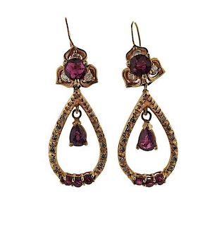 14k Gold Diamond Red Stone Drop Earrings