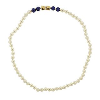 Mikimoto 18k Gold Clasp Pearl Lapis Necklace