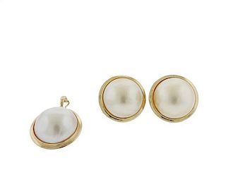 14k Gold Mabe Pearl Earrings Pendant Set