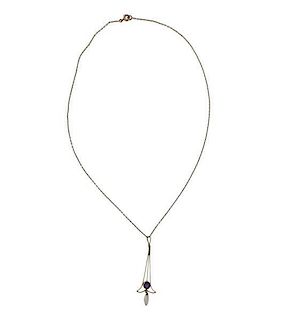 Art Nouveau 14k Gold Lavalier Pearl Pendant Necklace