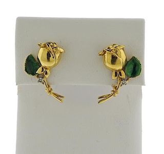 18k Gold Diamond Enamel Rose Flower Earrings