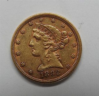 1892 Liberty Head 5 Dollar Half Eagle Gold Us Coin