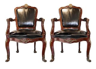 Pair of Louis XVth Style Bronze Mounted Open Armchairs