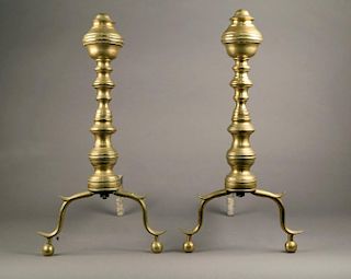 Pair of Antique Brass Andirons, 19thc.
