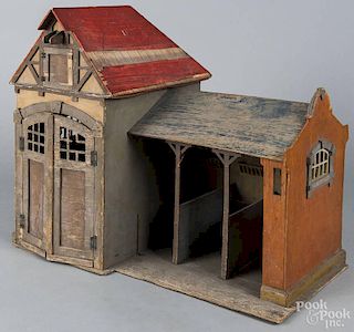 Painted pine model of a stable, ca. 1900, 21'' h., 26'' w.