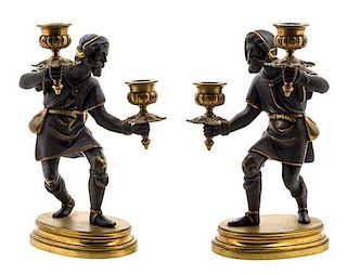 A Pair of Gilt and Patinated Bronze Figural Two-Light Candelabra Height 9 1/2 inches.