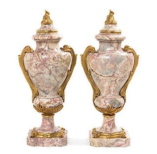 A Pair of Louis XV Style Gilt Bronze Mounted Marble Urns Height 20 1/2 inches.