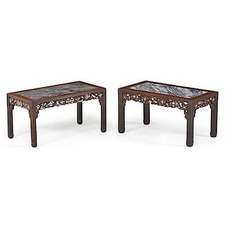 PAIR OF CHINESE HONGMU MARBLE INSET LOW TABLES