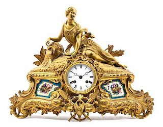 A Sevres Style Porcelain Mounted Gilt Bronze Figural Mantle Clock Height 13 1/2 inches.