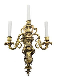 A Louis XV Style Gilt Bronze Three-Light Wall Sconce Height 18 inches.