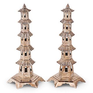 PAIR OF STERLING SILVER PAGODA CANDLESTICKS