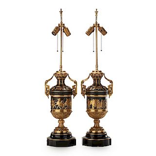 PAIR OF FRENCH GILT AND PATINATED BRONZE LAMPS
