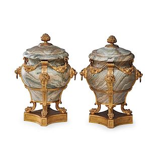 PAIR OF LOUIS XV STYLE GILT BRONZE AND MARBLE URNS