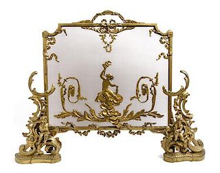 A Louis XV Style Gilt Bronze Fireplace Suite Height of screen 30 1/4 x width 28 1/2 inches.