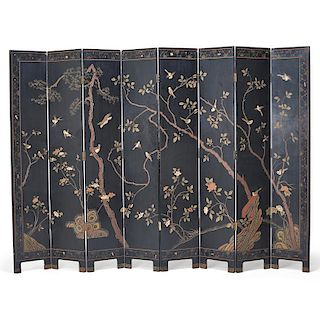 CHINESE BLACK LACQUER EIGHT PANEL SCREEN