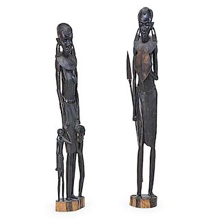 TWO STANDING CARVED HARDWOOD TRIBAL FIGURES