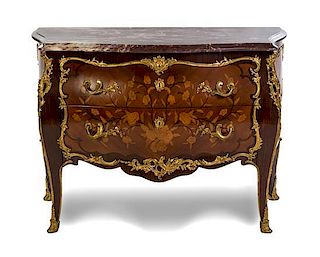 * A Louis XV Style Gilt Bronze Mounted Marquetry Bombe Commode EARLY 20TH CENTURY Height 34 1/2 x width 48 x depth 22 inches.