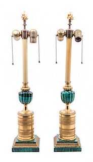A Pair of Empire Style Gilt Bronze and Malachite Table Lamps Height overall 26 inches.