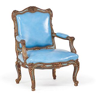 LOUIS XV STYLE PAINTED AND PARCEL GILT ARMCHAIR