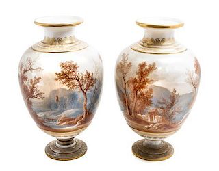 * A Pair of Continental Painted Opaline Glass Urns Height 18 inches.