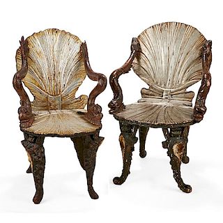 PAIR OF VENETIAN PAINTED & SILVERED GROTTO CHAIRS
