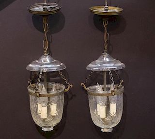 Hallway Lanterns in Etched Glass & Brass, Pair