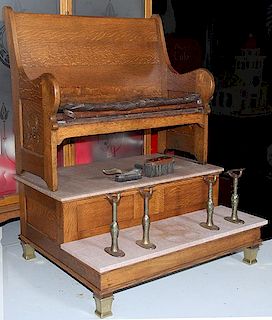 Barber Shop oak shoe shine stand, Tennessee marble, four ornate bell bronze shoe supports, bell bronze feet 50" x 42" x 66",