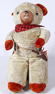 Cowboy teddy bear in fine condition, 24" tall, original metal gun and leather belt and celluloid nose, near mint condition