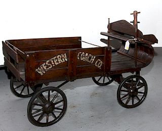 "Labor of Love" wood wagon, a custom built child's buckboard, the wagon has a brass plaque "The Standard Robbins and Myers, O