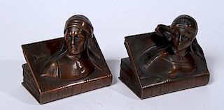 Pair of "Beatrice" hollow bronze Art Nouveau bookends, 6" x 6" x 4", each bookend is signed "Beatrice"