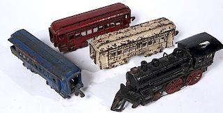Cast iron toy train, engine # 857, two bars of cattle guards are missing, nice original paint