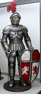 Large resin Knight in full armor 36" x 6'6", holding large sword and shield
