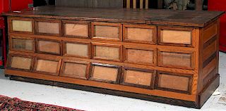 Country seed cabinet, with 18 drawers," Scherer" drawer pulls, original oak top with oak frames for seed displays, 29" x 34" 