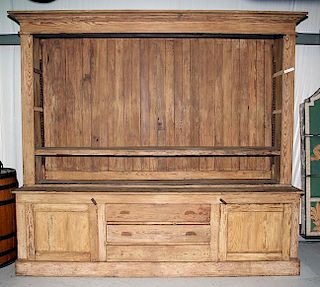 Pine country store cabinet 25" x 98" x 90", large pine step back with one shelf but could hold many more, lower section has t