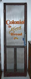 "Colonial Bread" screen door with door pull and good paint on screen 78" x 24" x 1" left hand door