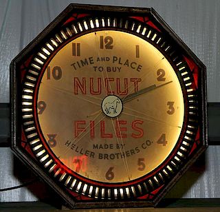 Neon spinner clock, "Nucut Files", white neon, the hands on the clock are actual files, fine working condition, 18" diameter