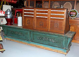 Fancy department or sporting store counter, Victorian era with original paint and applied owl carving, the finest example we 
