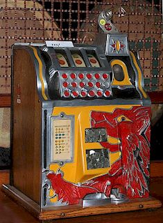 Mills Five Cent working slot machine, fine condition with enameled front and oak wood