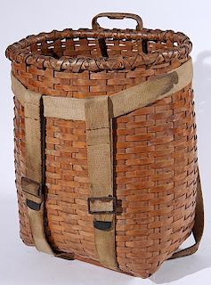 Split oak gathering basket, fine condition with original canvas strap 18" x 15",