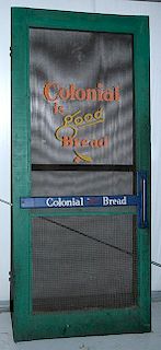 Colonial Bread Screen door in top condition, original painted screen, 3' x 7', original Colonial door push with the right sid
