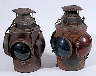 Pair of railroad signal lanterns, all lenses good,