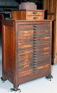 M and W MFG.and Co. Print tray cabinet with 18 drawers containing type, Cast pulls with M& W.,19" x 31" x 45", Nice original 