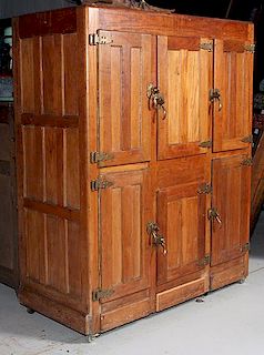 Oak ice box, commercial size, six door with original Bohn brass hardware, nice original condition, metal lined base for ice, 